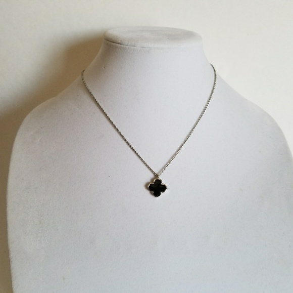 Silver necklace, black enamel clover - Picture 6 of 6